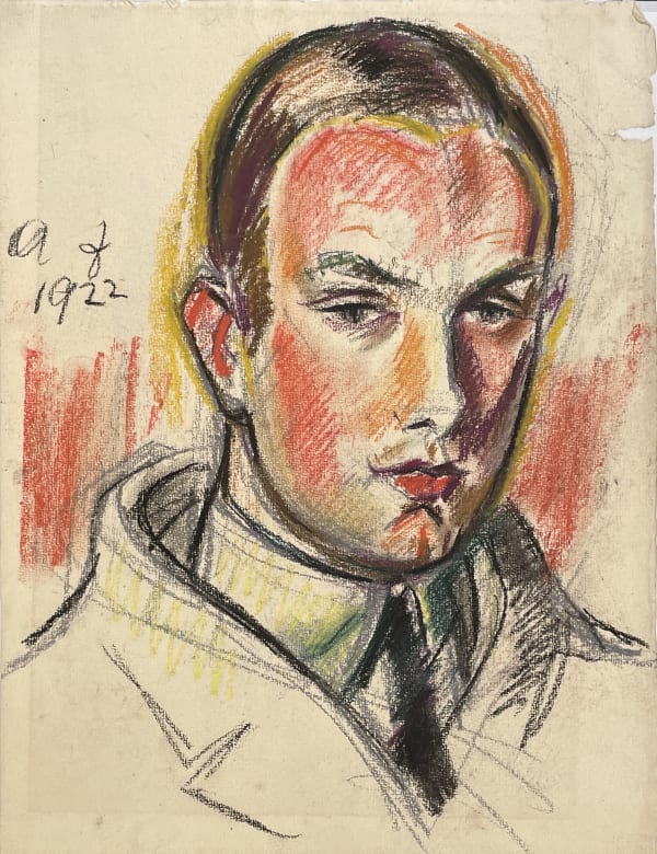 A pastel portrait drawing of Otto (Nirenstein) Kallir as a young caucasian male in a suit and tie, his face rendered in shades of red and orange