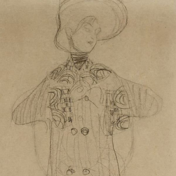 Detail of a pencil drawing on tan paper by Gustav Klimt depicting a turn-of-the-century woman in a fancy high-neck dress, with hair piled top her head
