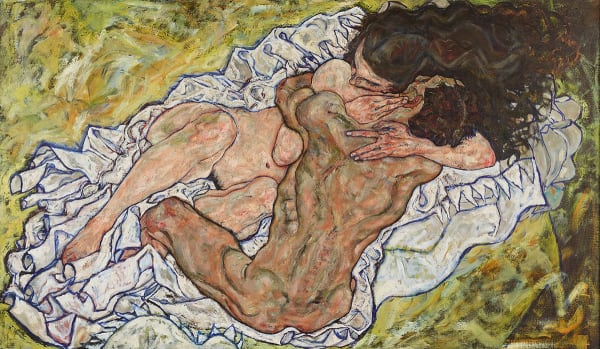 An oil painting by Egon Schiele of a brunette nude male and brunette nude female in an embrace on white drapery, before a yellow background
