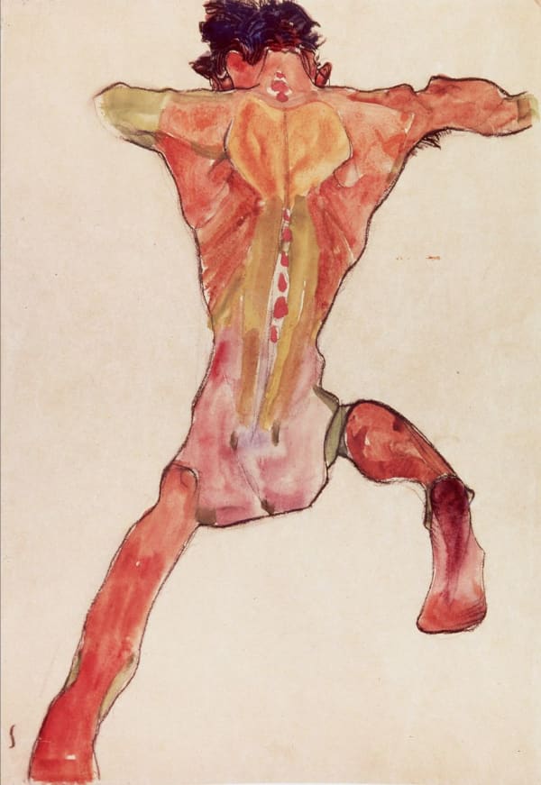A watercolor and charcoal drawing by Egon Schiele of a slim nude male seen from behind, his flesh rendered in shades of red, pink, orange and brown
