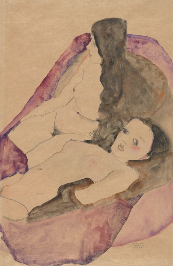 A watercolor and pencil drawing by Egon Schiele of two nude young women with dark hair surrounded by ambiguous fields of purple pigment