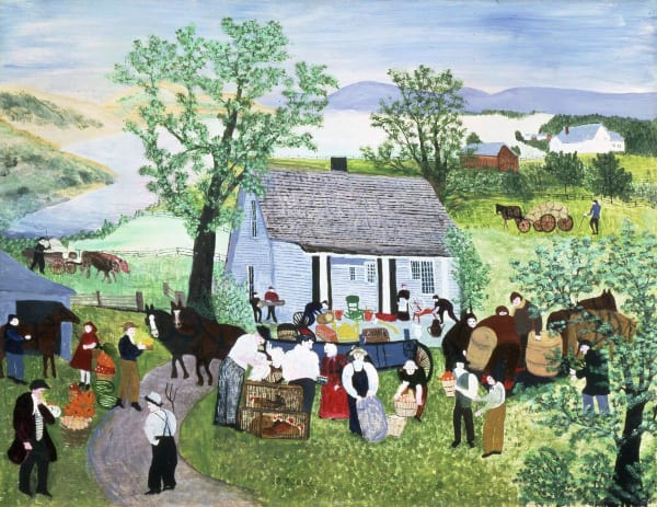 A colorful painting by Grandma Moses done in a folk-art style showing many people happily gathered in front of a farmhouse on rural land on a bright and sunny day