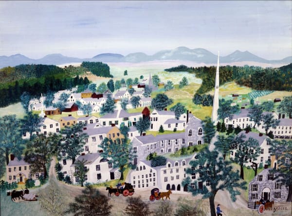 A colorful scenic painting by Grandma Moses of the landscape and buildings of Bennington, Vermont in the United States