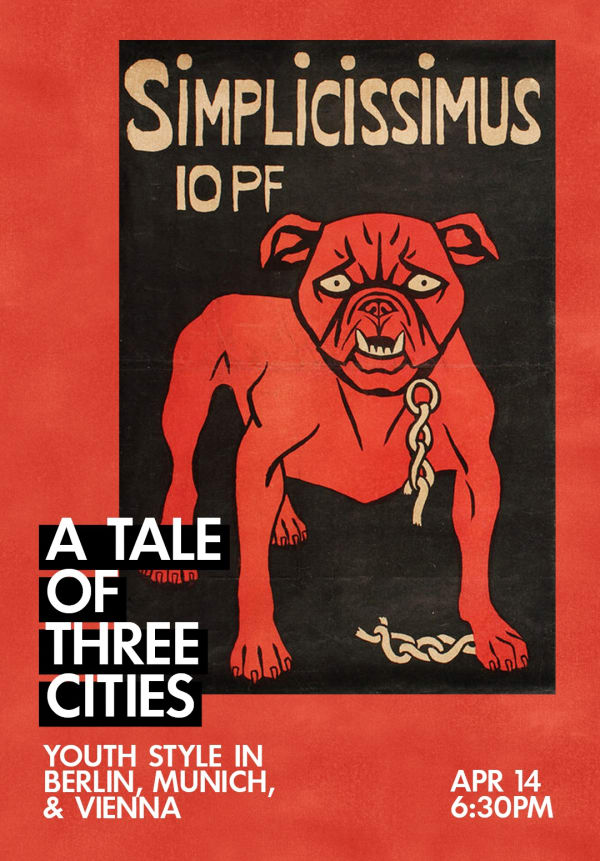 A frontal illustration of a bull dog rendered in flat shades of red and tan before a black background. The dog has a chain about its neck which has been broken, a fragment sits on the ground in front of it.