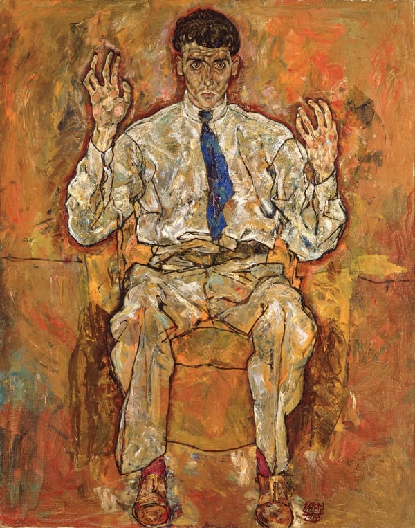 A frontal oil portrait by Egon Schiele depicting the artist Paris von Gutersloh sitting before an ambiguous orange background