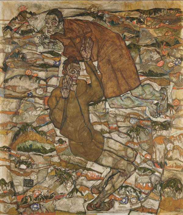 An oil painting by Egon Schiele showing a double self-portrait in shades of brown, tan, beige, orange and green