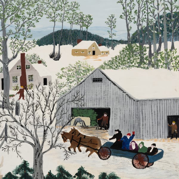 square detail of the Grandma Moses painting "Early Springtime on the Farm," showing a group of people in a horse-drawn cart traveling in a snowy, tree-filled landscape spotted with barns and houses