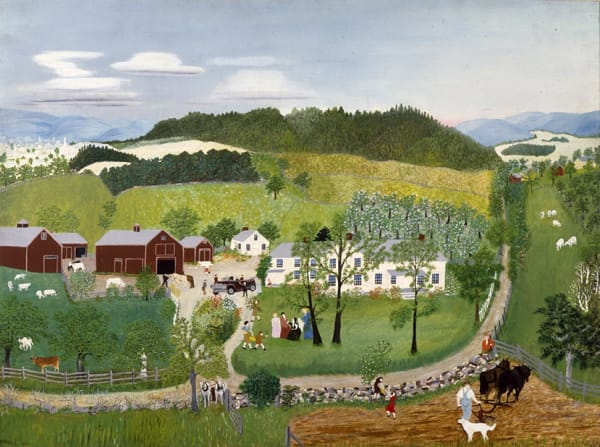 Colorful painting by Grandma Moses showing rural farmland with a lush green landscape, as people gather outdoors to witness an automobile at the center of the picture