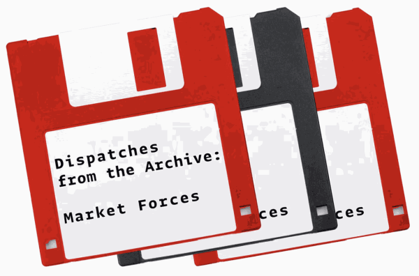 Three floppy discs in alternating red, black and red are fanned out, The disc on top has a label that reads "Dispatches from the Archive: Market Forces"
