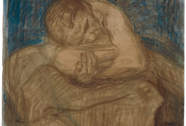 A sketchy drawing by Käthe Kollwitz in brown and dark blue of a grief-stricken woman hugging and cradling the body of their deceased child