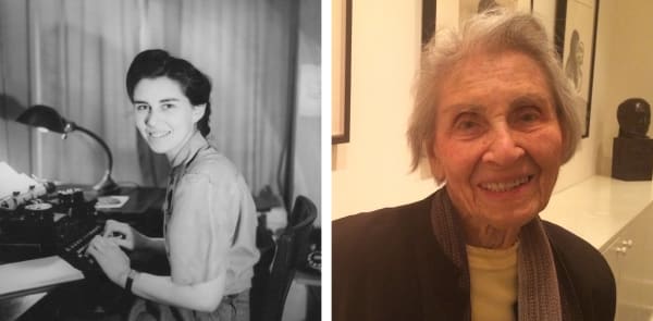 A diptych of two square photographs showing the same woman when young and as an older person. At left, the black and white photo of the young woman shows her sitting at a typewriter as she turns her face to her left to smile at the camera. At right, an ol