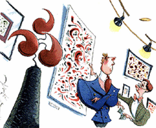 a cartoony style illustration of two men at an art fair, standing below track lighting, as the paintings and sculpture that surround them depict quotation marks