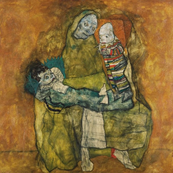 Egon Schiele's 1915 painting of "Mother With Two Children," showing a central mother figure with a skull-like face, who sits flanked by two children: a sleeping brunette child reclines at left on the mother's lap while an alert younger child is positioned