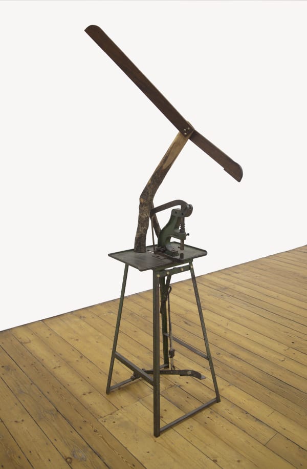 This Should Explain 2012 industrial machine, olive and tropical wood branches 210 x 65 x 70 cm