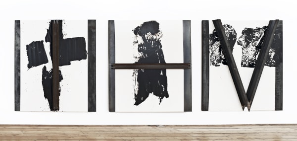 Jannis Kounellis Untitled 2012 triptych steel, canvas, tar, steel beams and wires 200 x 180 cm each
