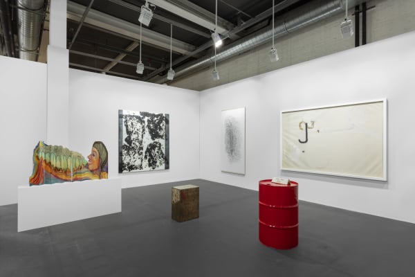 Sprovieri’s booth at Art Basel 2024. Artwork, left to right: Sandra Vásquez de la Horra, El Despertar, 2024; Jannis Kounellis, Untitled, 2010; Francesco Arena, A Marat, 2023; Giuseppe Penone, Acero (Maple), 2005; Jannis Kounellis, Untitled, 1960; Jimmie Durham, Coins Only, 2010. Photo: Sebastiano Pellion di Persano