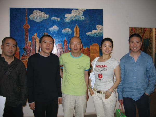 Xue Song with Zeng Hao, Yue Minjun, Yu Er and Qu Fengguo during his solo exhibition at Dimensions Art Centre, 2006