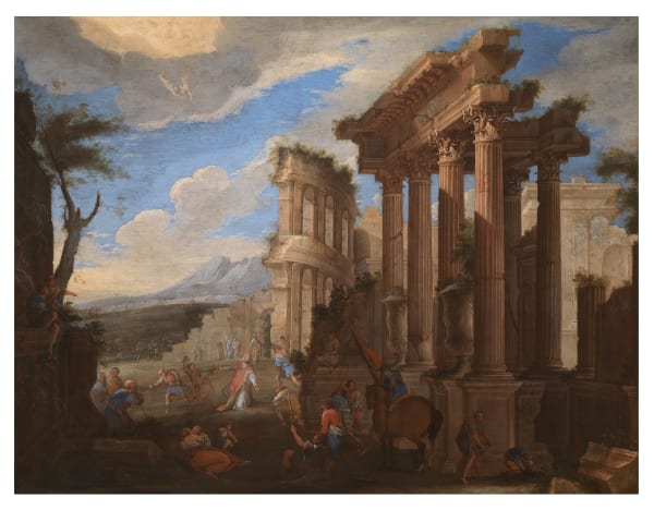 Andrea De Leone (Napoli 1610 - 1685), Capriccio of antiquity with martyrdom of St Stephen , 1660 ca