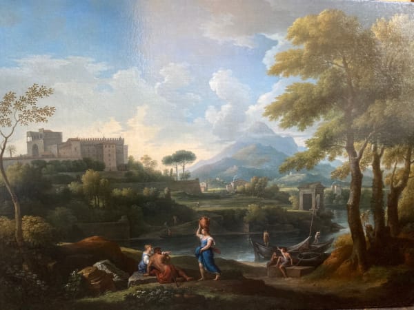 Jan Frans van Bloemen ( Antwerp 1662 - Rome 1749 ) , Roman landscape with figures and boats