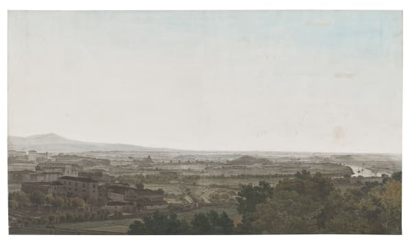 Giovanni Battista Lusieri ( Rome, 1754 - Athènes, 1821 ) , View of Rome from the Janiculum hill towards Trastevere and Ostiense, as far as the Basilica of San Paolo outside the walls , 1778-1779