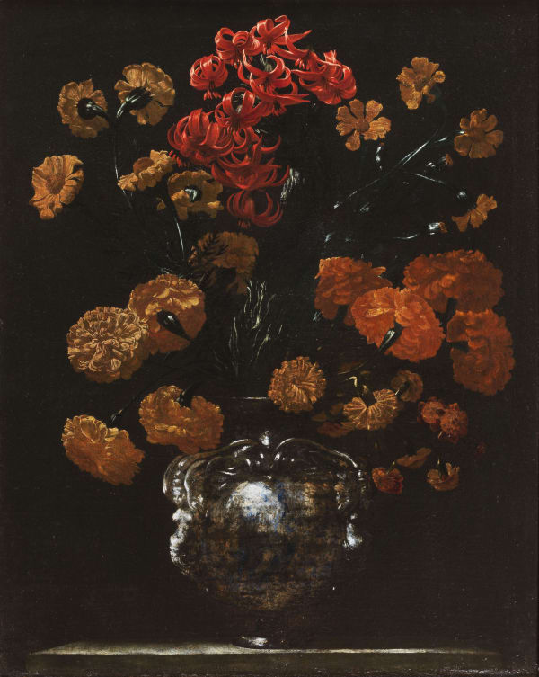 Roma Caravaggesque Painter , Bouquet "Portrait" of Lilium Marathon and Tagetes in a turquoise Majolica vase, 1615 - 1625