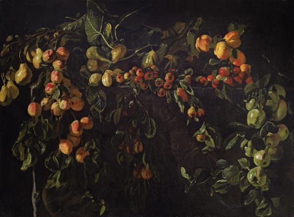 MASTER OF THE ACQUAVELLA STILL-LIFE Still life of fruit on a surface decorated with classical motifs