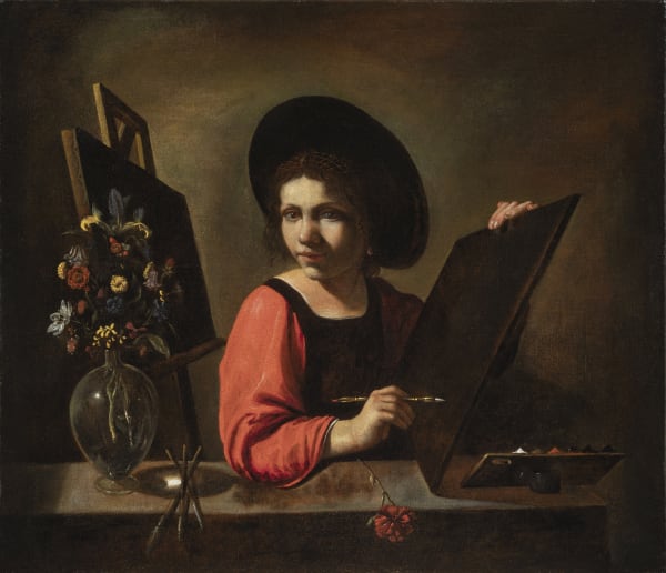 PIETRO PAOLINI Portrait of an artist at her easel, with a palette and a vase of flowers on a ledge