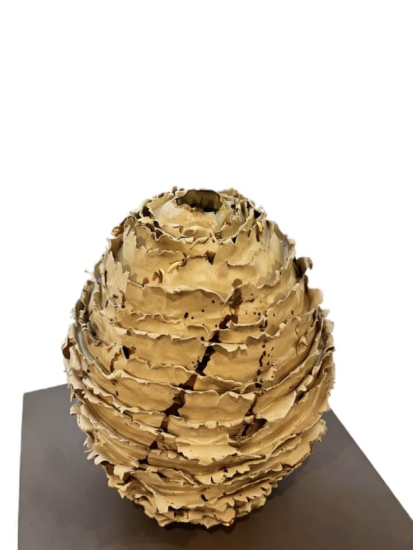 Ruth Sacks 'Frayed Ribbon' Vase Process - Slab/coil built White stoneware, glazed with gold lustre details 34x22cm £625