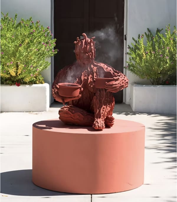 Rajni Perera, “Bittergourd,” 2025, terra cotta, under glaze, incense, 35 x 35 x 40”