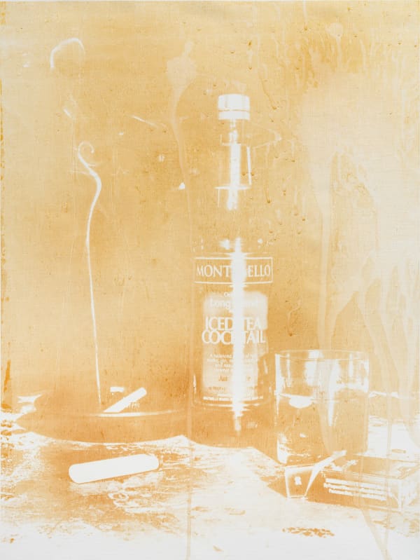 A still life, 2024 Nicotine, alcoholic cocktail and metallic gold silkscreen ink on canvas 24 x 18 inches, 61 x 45.7 cm
