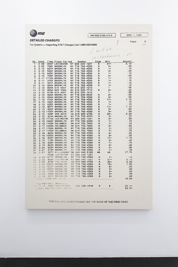 Letter, Phone Bill, 2018 Graphite, resin and funerary ashes on muslin 63 x 43 inches