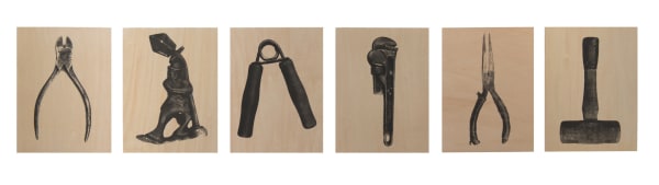 Tools, 2013 Graphite, resin and funerary ash on panel 12 x 54 inches