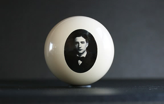 Marcel Duchamp (Cue Ball), 2019 Dye sublimation on cast polyester resin w/ 1" Black Rubber Washer 2 inch diameter Edition: 100