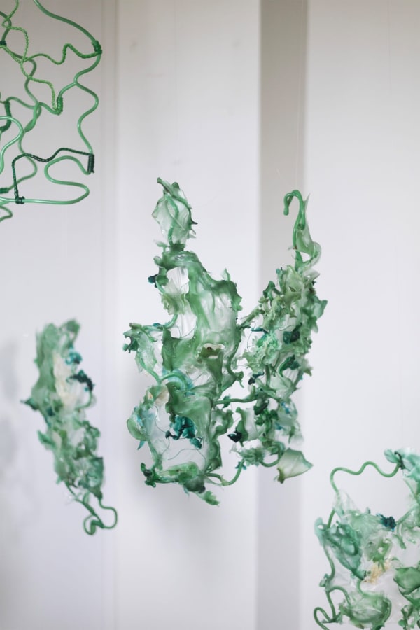 Riya Bhagat, Fashion After Fashion 2024, Seaweed Brown Algae Food colour glycerine, metal wire, waste silicon tubes, courtesy of Leopoldo Farrera.