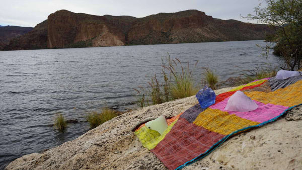 A proposed meeting between potential kin: slag glass and reservoir, with rocks and ducks (part 1), 2019 Single channel video