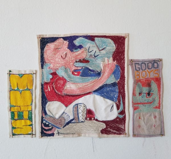 Mutts and Goodboys, 2019 Embroidery on dyed and raw canvas