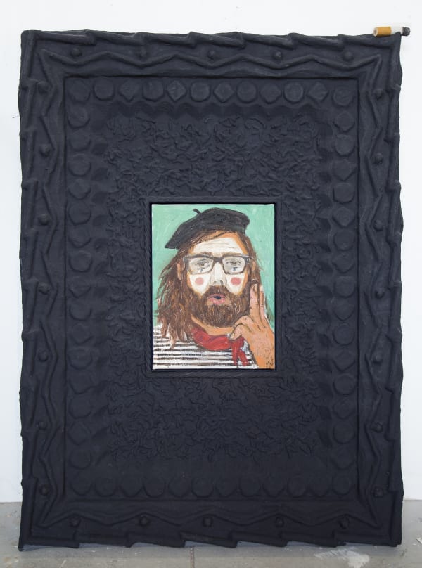 Self Portrait as Mime, 2019 Oil on canvas, macaroni noodles, licorice, pretzels, Lemonheads, foam, fiberglass, resin