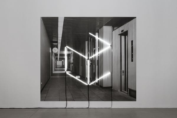 Untitled (Archive ST3: Military Hospital), 2017 Digital print on paper, fluorescent light tubes, electrical fittings, archival photograph