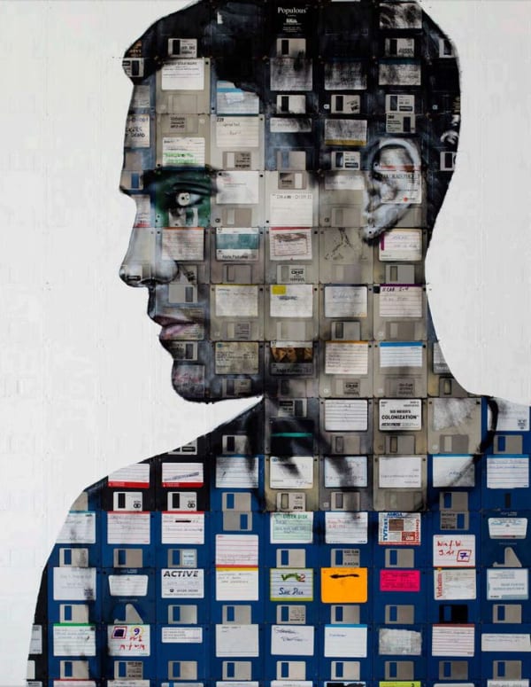 Self Portrait Number 5, 2014 Oil paint and used computer disks on wood