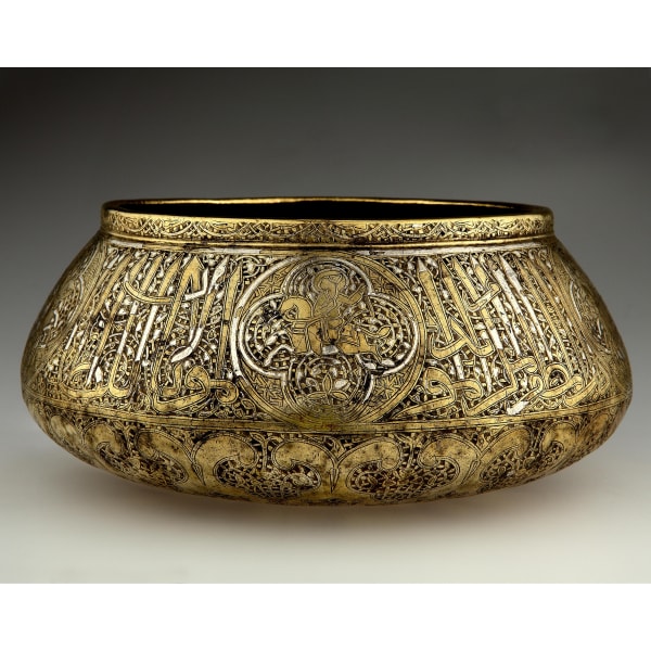 A SILVER AND GOLD INLAID BRASS BASIN