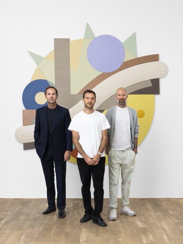 Charles Riva, Josh Sperling, and Matt Black in front of Sperling's 'Oxymoron', 2021