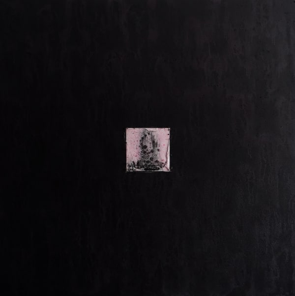 CONNECT (CA.002.2024.8) acrylic, spray paint, charcoal, F-pin, nail on panel 98 x 98cm 2024