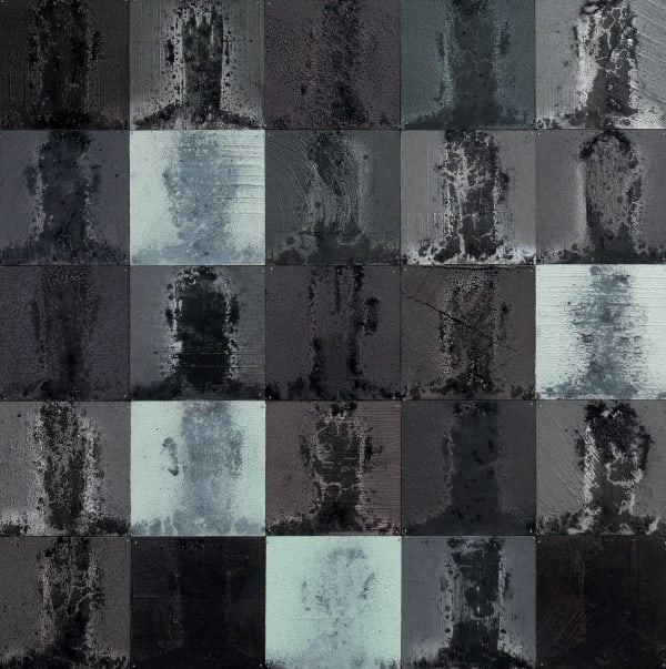 CONNECT (CA.025.2024.11) acrylic, spray paint, charcoal, F-pin on panel 60.6 x 60.6cm 2024