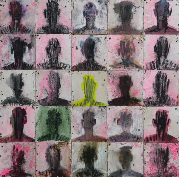 CONNECT (CA.025.proto) acrylic, spray paint, charcoal, F-pin, nail on panel 60.6 x 60.6cm 2024