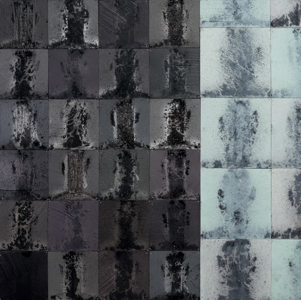 CONNECT (CA.034.2024.10) acrylic, spray paint, charcoal, F-pin on panel 60.6 x 60.6cm 2024