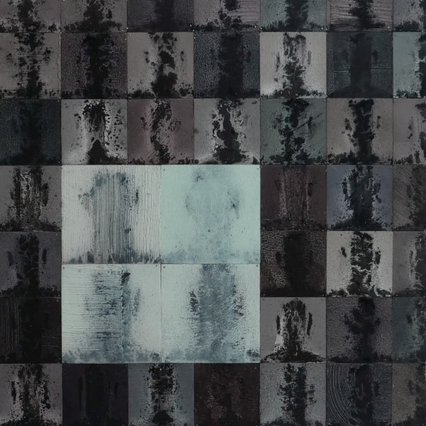 CONNECT (CA.044.2024.12) acrylic, spray paint, charcoal, F-pin on panel 60.6 x 60.6cm 2024