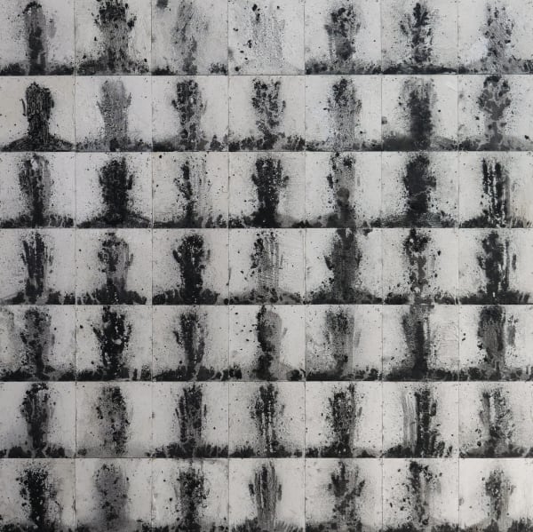 CONNECT (CA.049.2024.1) acrylic, spray paint, charcoal, F-pin on panel 98 x 98cm 2024