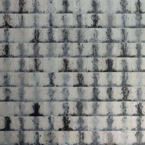 CONNECT (CA.100.2024.2) acrylic, spray paint, charcoal, F-pin on panel 120 x 120cm 2024