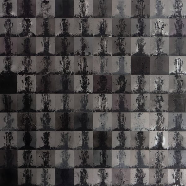 CONNECT (CA.100.2024.3) acrylic, spray paint, charcoal, F-pin on panel 120 x 120cm 2024