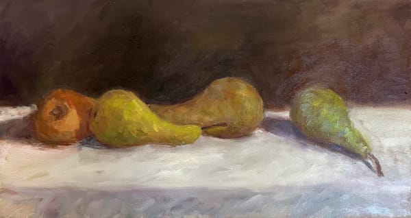 oil painting of 4 conference pears on a table. green and yellow hues